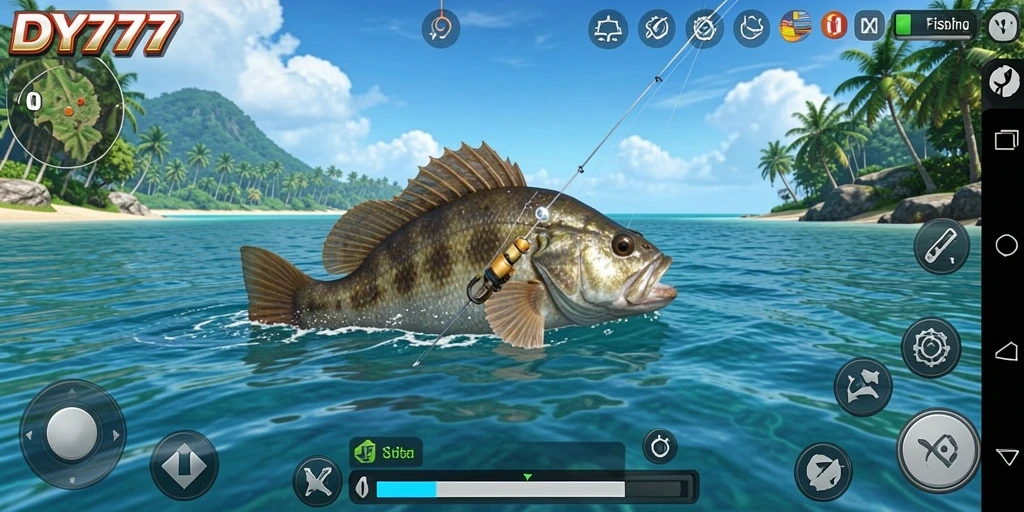 Screenshot utama DY777 menampilkan momen seru saat memancing ikan.