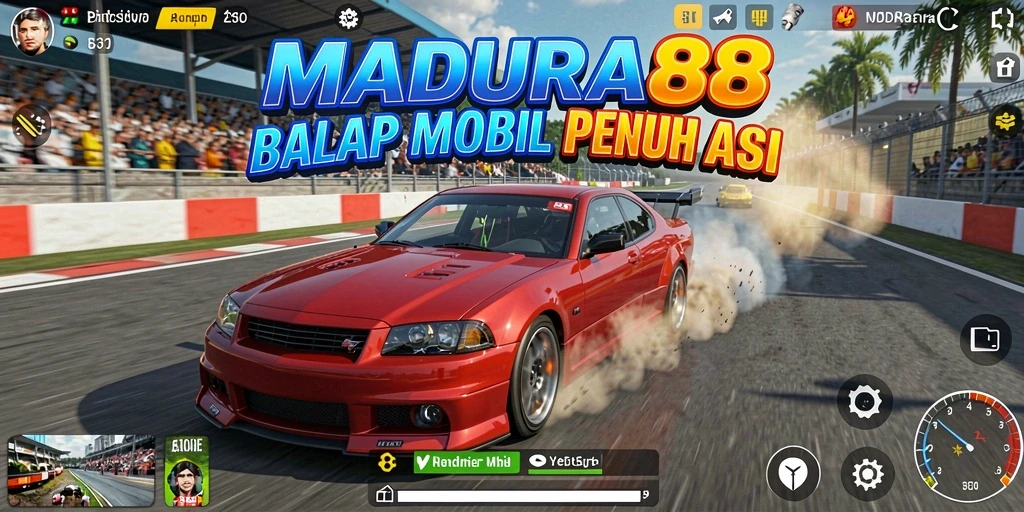Screenshot utama MADURA88 menampilkan balapan mobil yang mendebarkan.