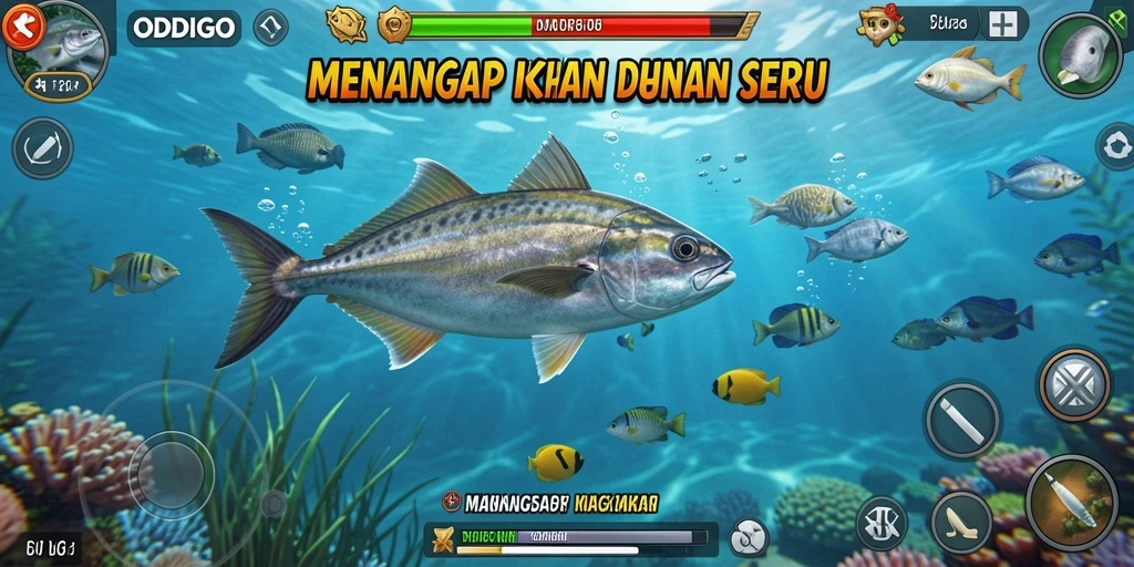 Tampilan gameplay ODDIGO yang seru dan menantang dalam menangkap ikan.