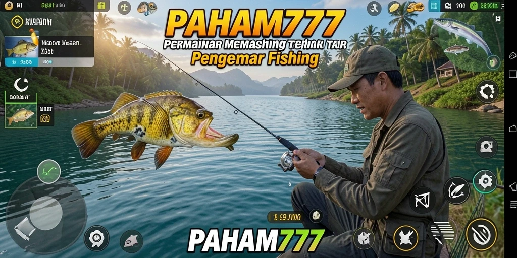 Tampilan gameplay PAHAM777 saat menangkap ikan di danau yang indah.