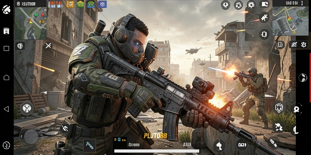 Tangkapan layar PLUTO88 menampilkan adegan tembak-menembak yang intens di battlefield.