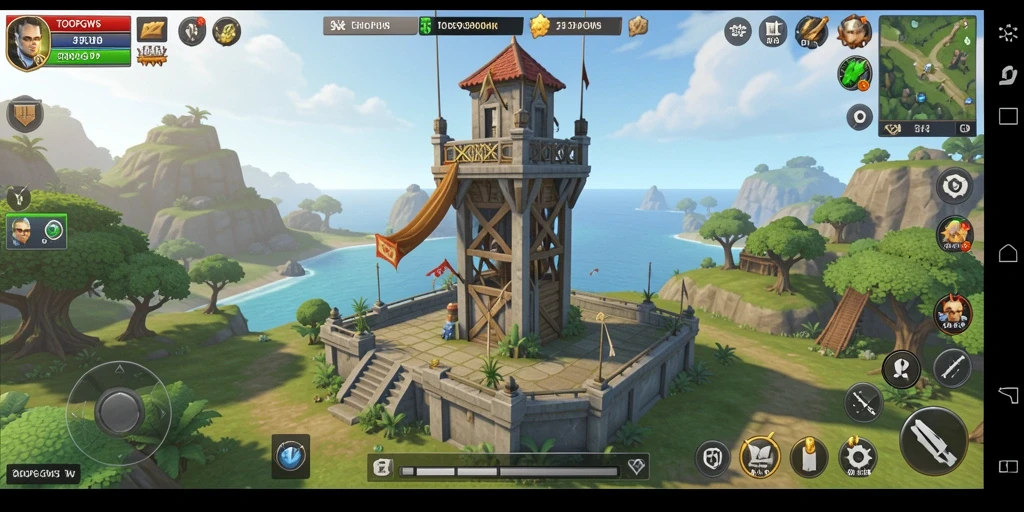 Screenshot gameplay TOOPGWS menampilkan aksi menara yang megah dalam Tower Defense.
