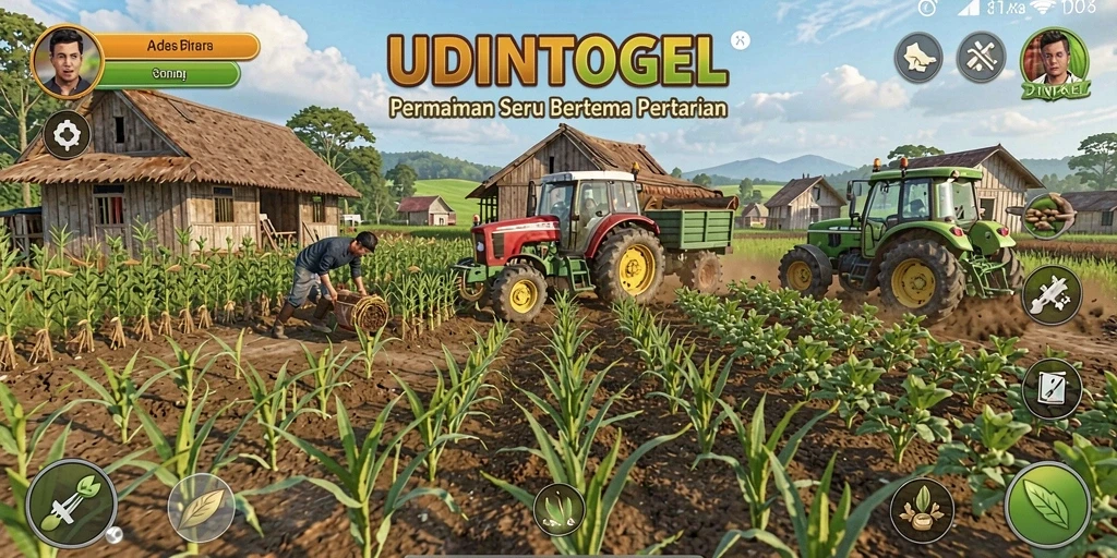 Tampilan gameplay UDINTOGEL dengan suasana pertanian yang cerah.